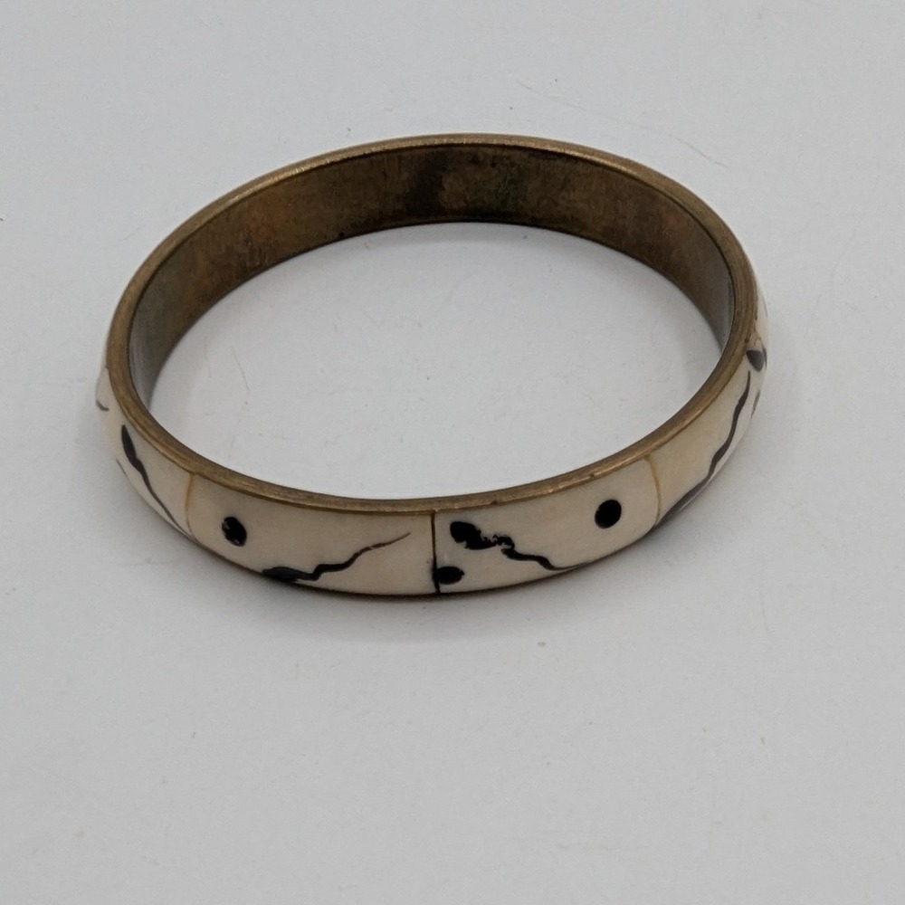 Vintage Brass Cream Bone Inlay Bangle Bracelet Black Abstract Dot Boho Eclectic